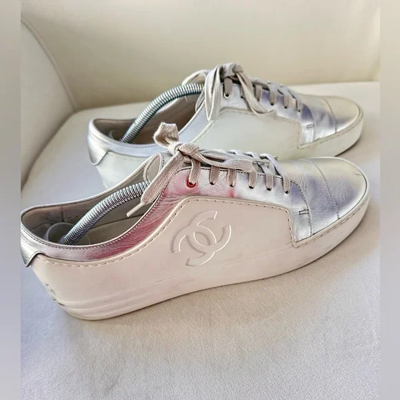 Authentic Chanel CC Sneakers White And Metallic Grey Shoes EuSize 42 US 9